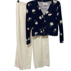 Old Navy Navy Floral Cardigan and Cream Pants Matching Set